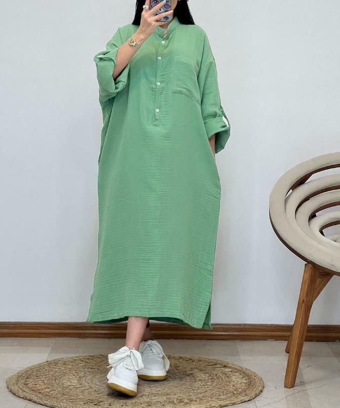 Vestido de manga larga holgado para mujer, ropa informal con botones y cuello de pie, a la moda, para primavera y verano, 2023