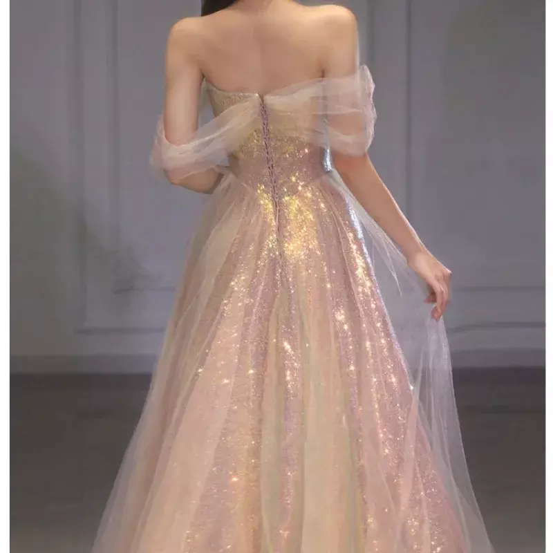 Siateczkowa suknia wieczorowa bez ramiączek z cekinami dla kobiet z dekoltem w łódkę Błyszczące różowe sukienki wizytowe Elegancka suknia balowa Vestido