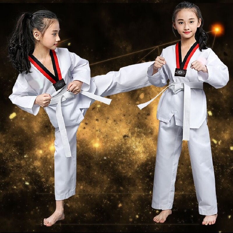 2023 Unisex kostiumy TKD białe stroje z długim rękawem Taekwondo Uniform WTF Karate Judo Dobok Suituit dziecięce stroje dla dorosłych Gi