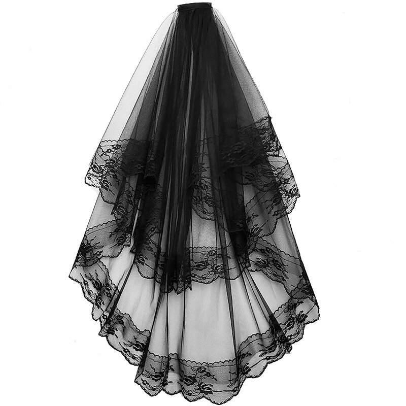 Mulher véu de casamento preto com borda de fita curto véus de noiva com pente acessório de casamento