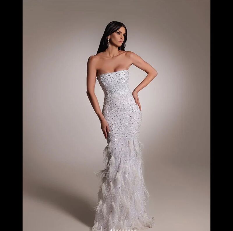 Strapless High End Pearl Embroidery A-line Evening Dress With Feathers New Fashion Female Formal Banquet Party Prom Gowns