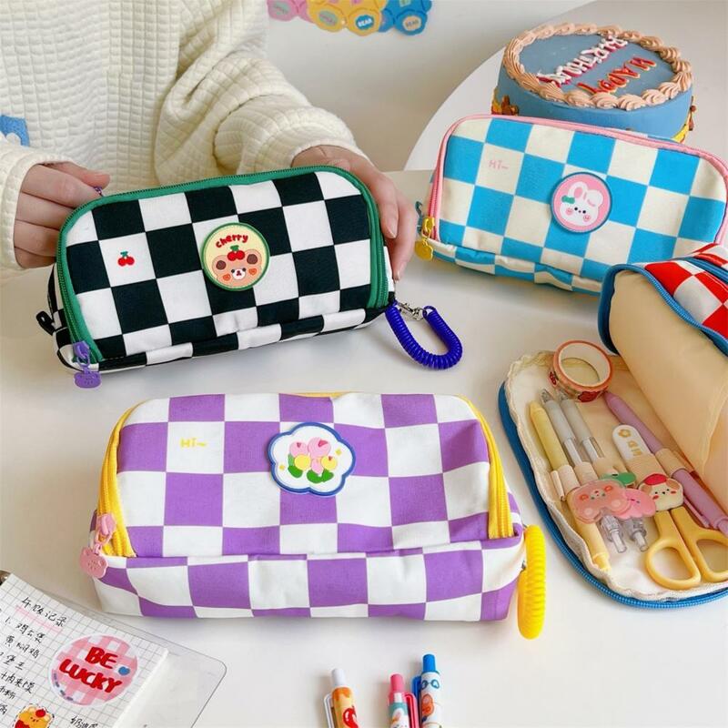 Storage Bag Large Organizer Bag Pencil Bag Stationery Box Dust-proof Thick Checkerboard Pattern Pencil Pouch School Supplies