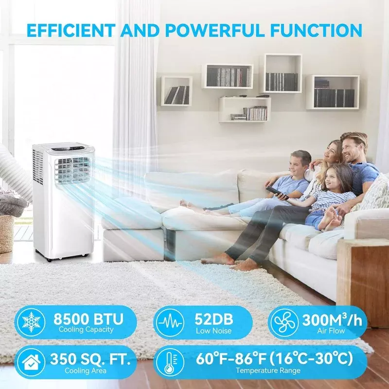 Condicionador de ar portátil com desumidificador e modo ventilador, sala 3 em 1, 8500 BTU, unidade de CA para sala de até 350 pés quadrados
