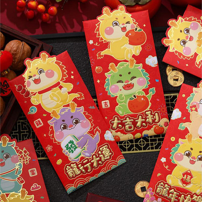 6 Stks/set Rode Enveloppen Schattige Draak Hongbao Voor 2024 Nieuwjaar Lentefestival Rode Zakken Geluksgeld Pakjes Cartoon Geschenkzak