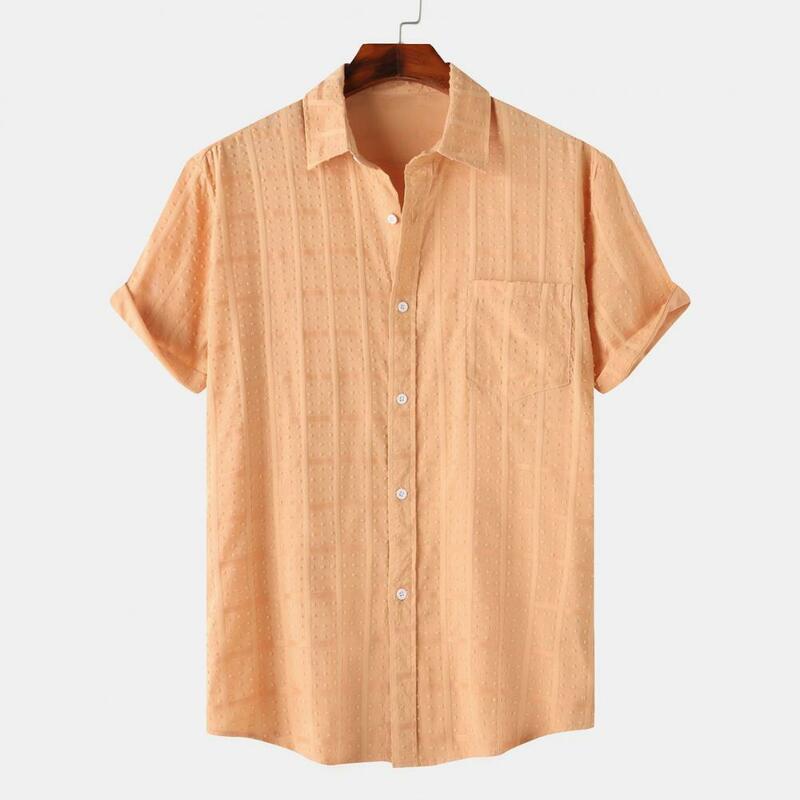 남성용 라펠 반팔 셔츠, 작업용 단색 캐주얼 상의, 여름 휴가, 심플한 디자인, 세련된 남성 셔츠