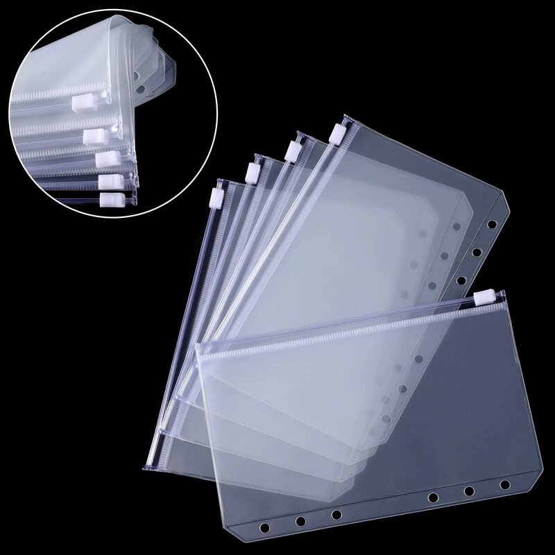 6 Holes Binder Pockets Plastic Binder Zipper Folders Waterproof Zipper Loose Leaf Bags Documents Notebooks Cards for A5 A6 A7