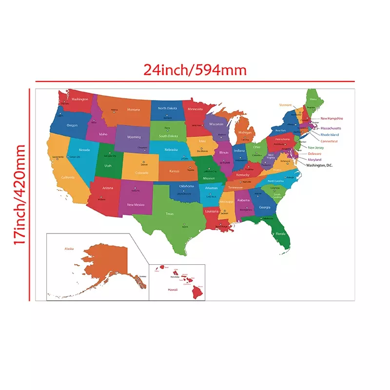 Peta Amerika Serikat Dalam Bahasa Inggris 59*42Cm Poster Seni Dinding dan Cetakan Kanvas Non-woven Lukisan Ruang Dekorasi Rumah Perlengkapan Kantor