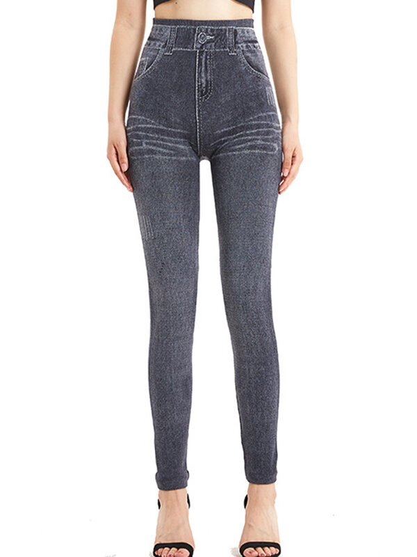 Sportowe sztuczny jeans damskie spodnie ołówkowe legginsy Push Up bezszwowe jegginsy z wysokim stanem elastyczne
