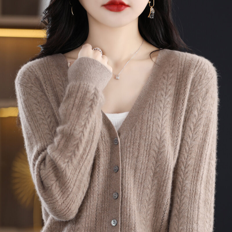 Cárdigan de lana pura con cuello en V para mujer, Chaqueta de punto de lana merina coreana, Top versátil de Color puro, primavera y otoño, 2023