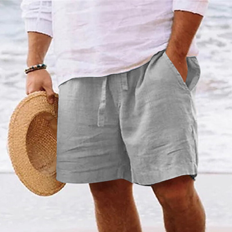 Shorts de algodão e linho masculino com cordão, elástico na cintura, pernas retas, monocromático, respirável, capris de praia diário, verão