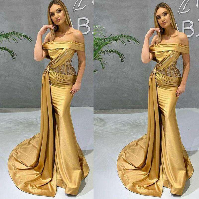 2021 Autumn New Gold Formal Party Satin Evening Gowns Sequins Irregular Full Length Celebrity Dresses Wedding Cocktail Prom Robe