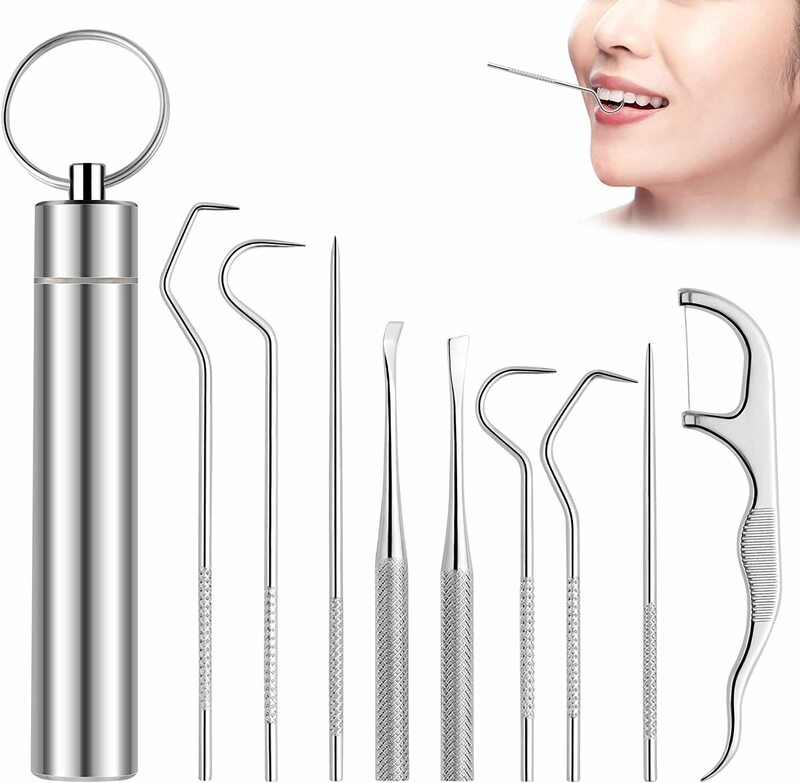 Set tusuk gigi baja tahan karat, tusuk gigi Flossing dapat digunakan kembali tusuk gigi portabel benang pembersih gigi pembersihan mulut