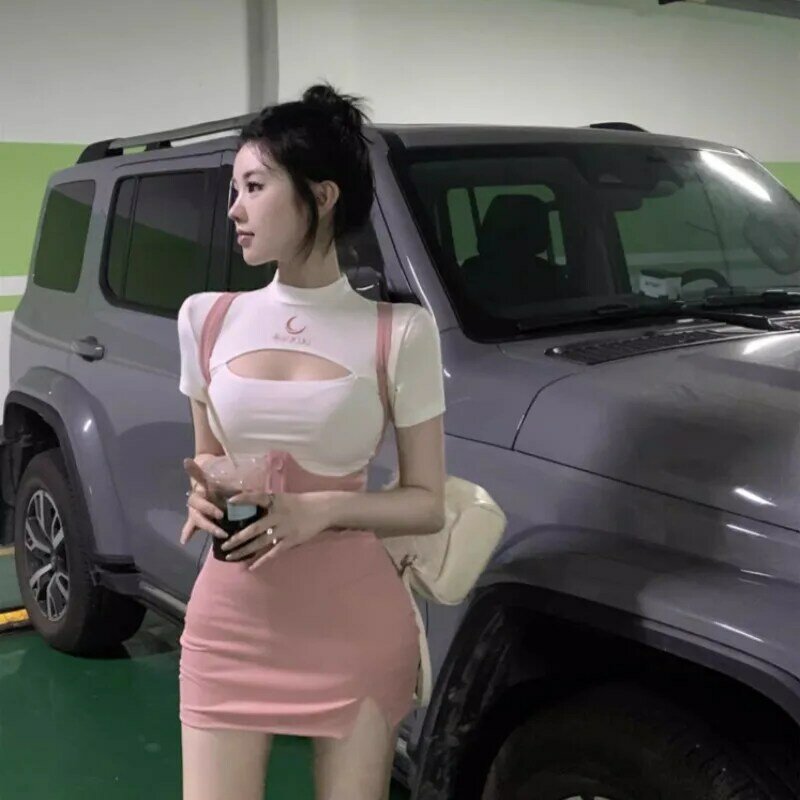 Pittige Meidenprint T-Shirt Backband Rok Tweedelige Set Vrouwen Holle Split Academie Mode Koreaans Lief Stevig Slank Zomerpak Nieuw
