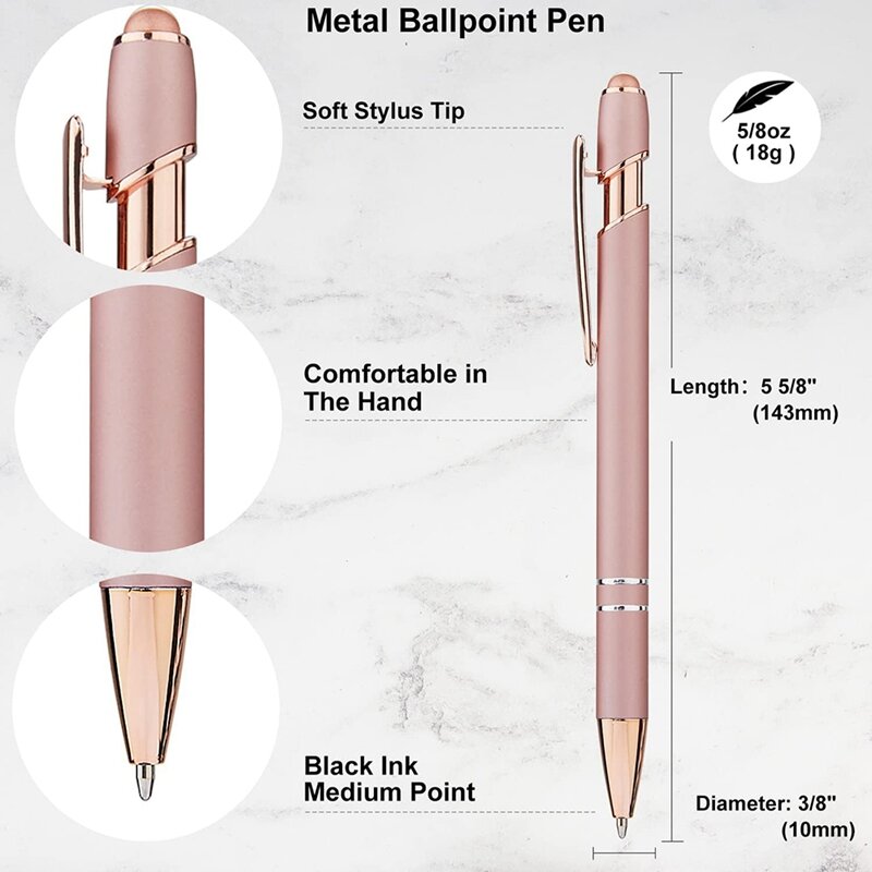 Stylo à bille en or rose avec pointe de stylet, stylos d'écriture lisses, stylos en métal pour écrans tactiles, encre noire, 1.0mm, 12 pièces