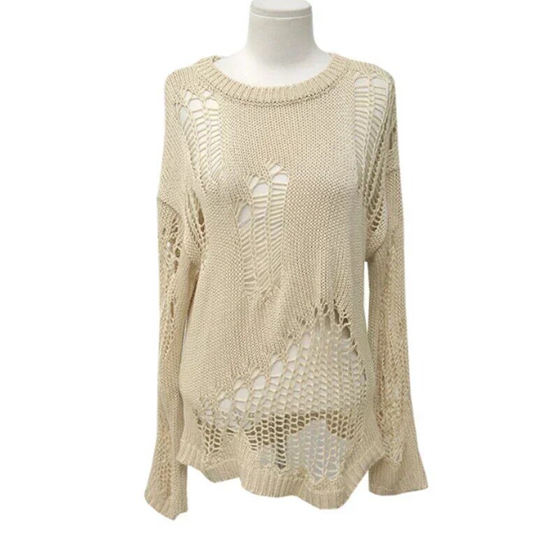女性用の穴あき透かし彫りニットセーター,ゆったりとしたパンクスタイルのセーター,長袖トップス,アウターウェア