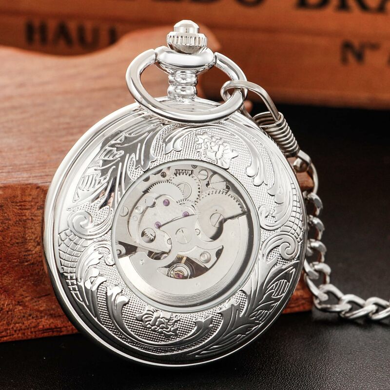 Czarno-srebrny mechanizm automatyczny, mechaniczna, przezroczysta koperta, tarcza z cyframi rzymskimi, męski zegarek kieszonkowy z łańcuszkiem