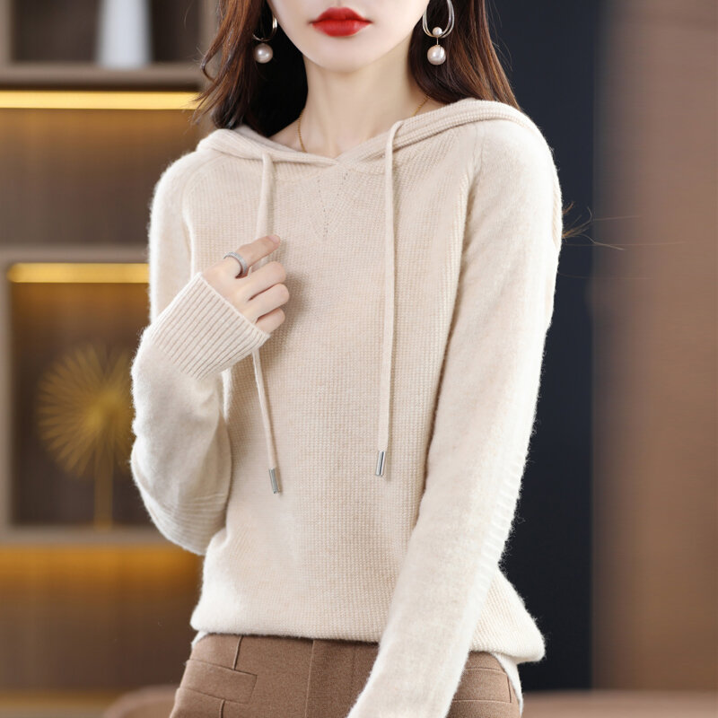Camisola feminina com capuz de lã pura solta estilo estrangeiro pulôver de fundo de manga comprida outono inverno moda malha versão coreana