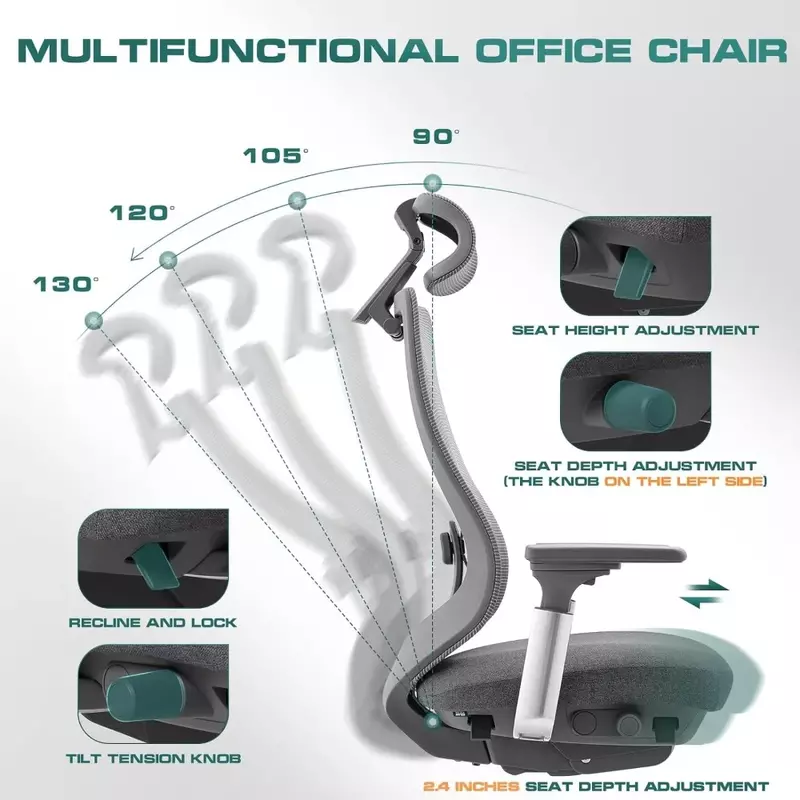 Cadeira ergonômica Mesh Office com encosto de cabeça ajustável, encosto alto, cadeira do escritório do computador, braço 4D, assento deslizante, cinza escuro