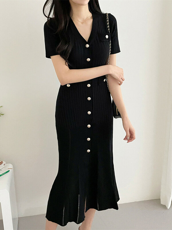 Sommer Midi Kleid Frauen gestrickt schwarz Bodycon Korea Stil Rüschen Damen Kleider elegante Mode lässig Frau Kleid