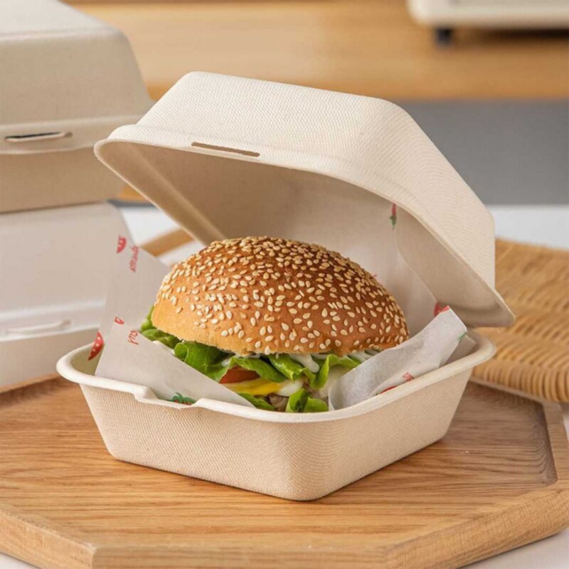 Contenedor de alimentos biodegradable personalizado, caja de embalaje, bagazo de caña de azúcar, hamburguesa