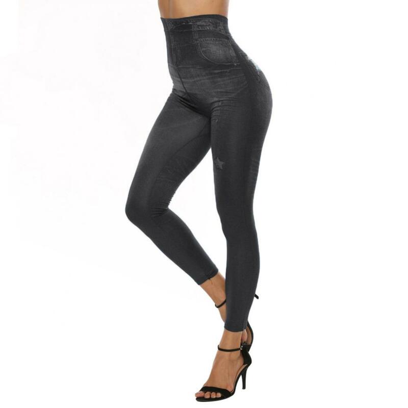 2023 Frauen dehnbare schlanke Imitation Jeans hohe Taille dünne Bleistift hose Sport Leggins