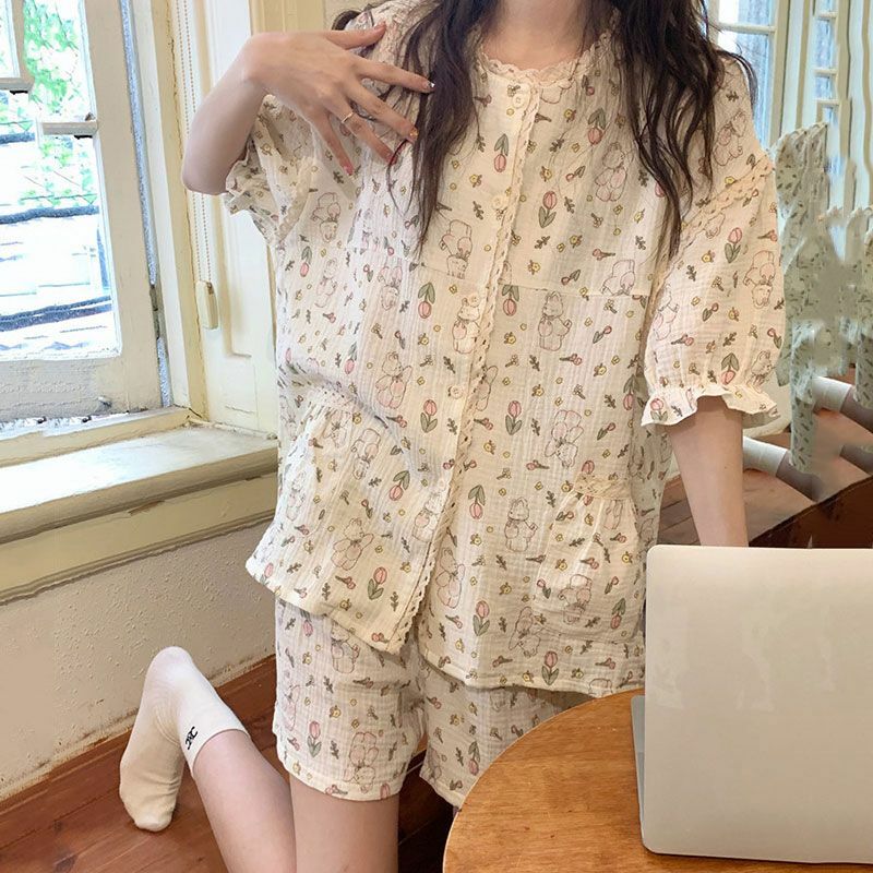 Kawaii Lace Sleepwear Women Two Pieces Sets Short Sleeve Cardigan Shorts Pajama Sets Summer Japanese Loungewear Nightwear Print