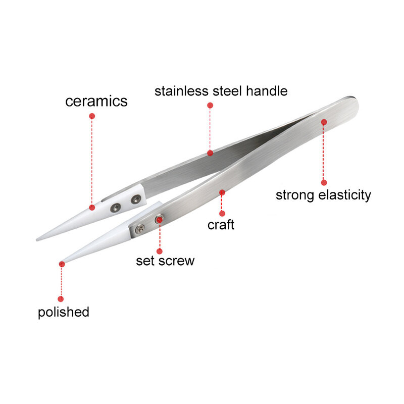 Pinça industrial anti-estática de aço inoxidável, ponta reta e curva isolada anti-magnética, ferramenta de reparo