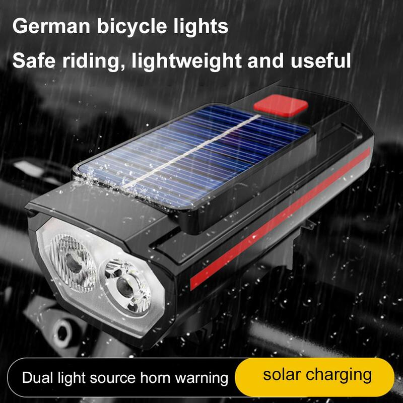 Передняя фара на солнечной батарее для велосипеда с гудком, двойная лампа с бусинами, суперводонепроницаемая яркая фара для ночного велосипеда, безопасная фара для велосипеда, фонарь D0I4
