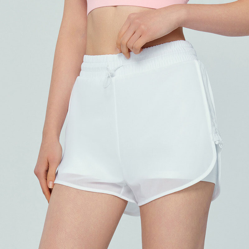 Pantalones cortos deportivos de dos piezas para mujer, shorts falsos de malla de color sólido, transpirables, para correr, fitness y yoga