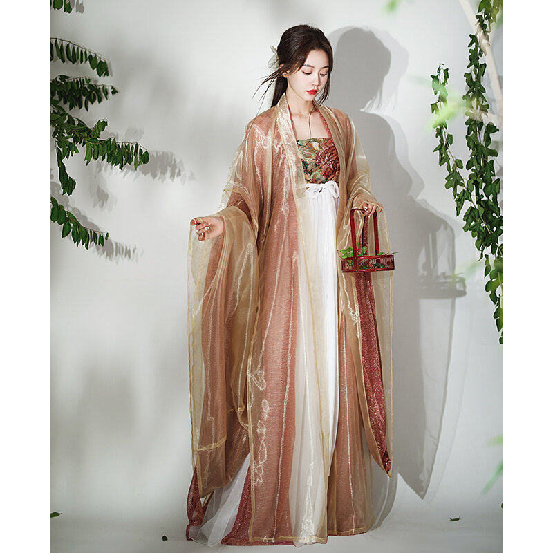 Hanfu-conjunto completo de vestido y chaqueta de pecho para mujer, camisa de manga grande rosa, traje antiguo