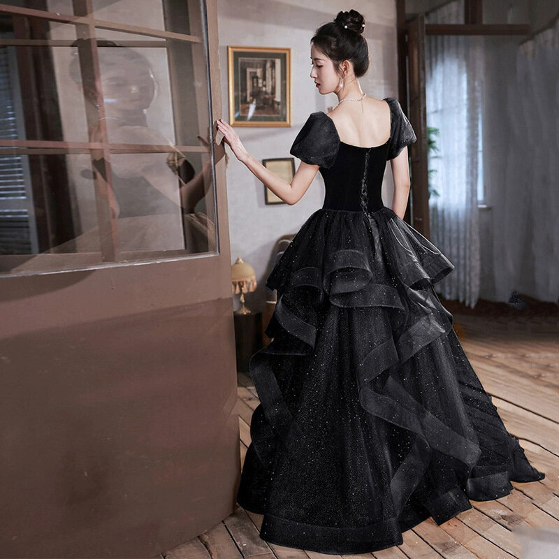 Black Shine Tulle Strapless Off Shoulder Lace Up Back Full Length Prom Gown Evening Party Dress Formal Occasion Hand Made Custom
