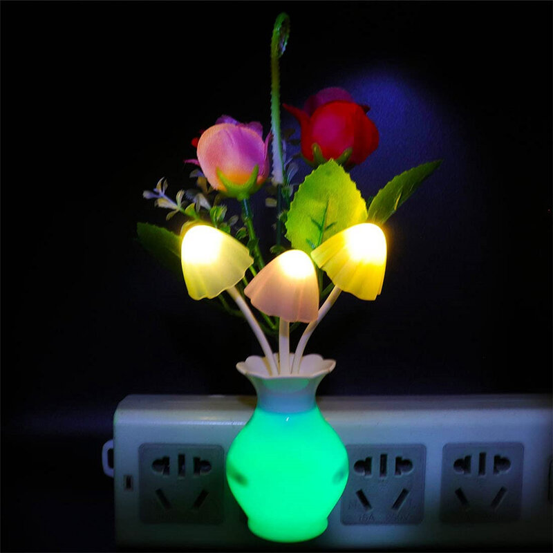 자동 센서가 있는 LED 야간 조명, 에너지 절약 장미 꽃 버섯 플러그 인 램프, 침실 욕실 거실 주방, 0.5W