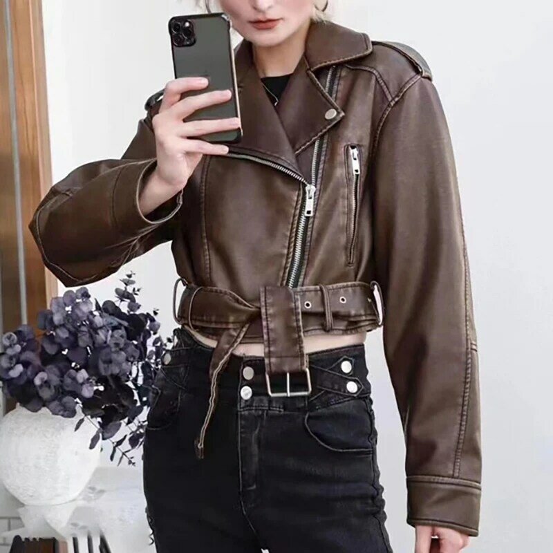 Women Vintage Loose Pu Faux Leather Short Jacket With Belt Street Wear Female Zipper Retro Coat Outwear Tops