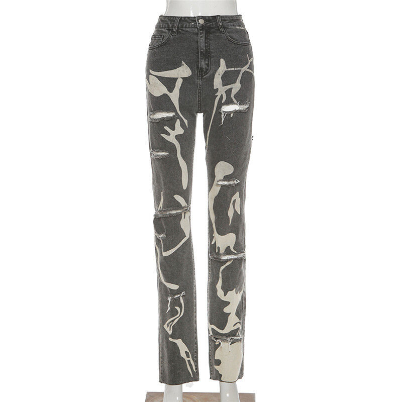 Jeans a vita alta da donna europei e americani cuciture personalizzate stampate pantaloni dritti slim-fit lavati con linea irregolare