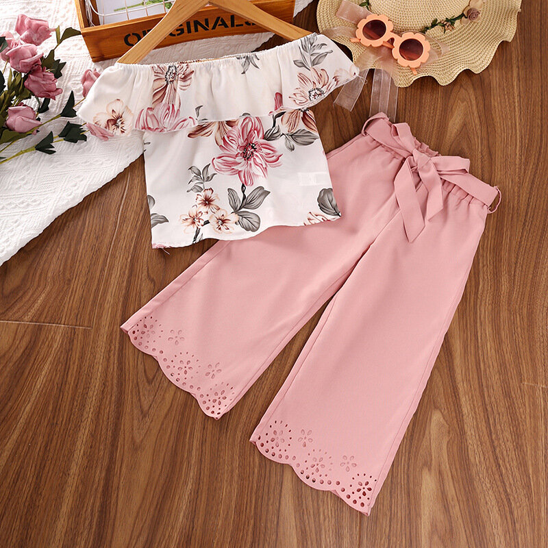 Женский летний комплект из 2 предметов, топ с открытыми плечами и цветочным принтом + брюки с широкими штанинами, детская одежда