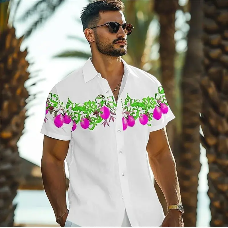 Kemeja motif 3D Hawai untuk pria, kemeja berkancing bawah lengan pendek pakaian liburan sehari-hari XS-5XL pengiriman cepat
