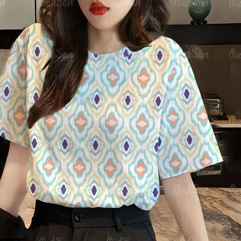 2024 Summer New Women's T-shirts Plaid T-shirt Casual Loose Round Neck Short Sleeves Tees For Women Geometric patterns Tops
