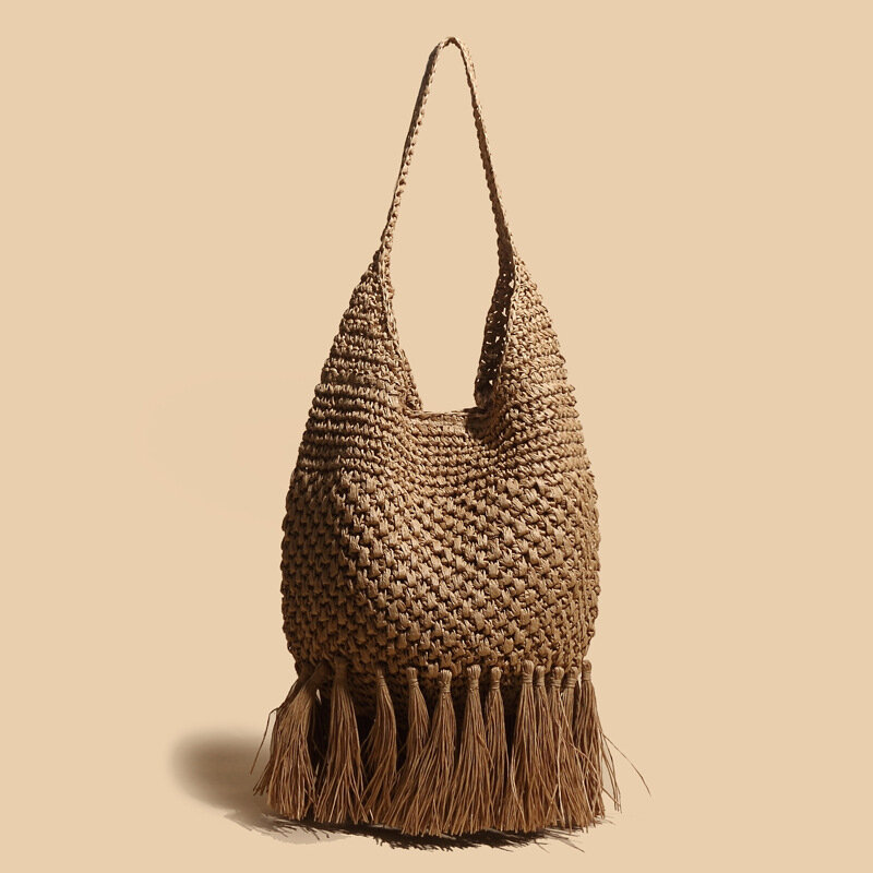 Bolso de paja con borlas para mujer, hecha a mano bandolera de hombro de papel, de diseñador de lujo, tejido de ratán, para playa y verano