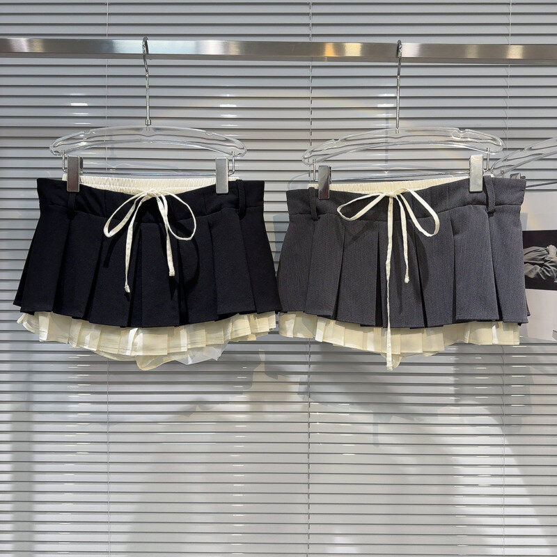 2024 Summer New Arrival Drawstring Bandage Ruched Waist Short Mini Pleated Skirt Women 0 Faldas