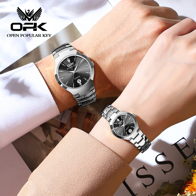 OPK-Relógio de pulso de aço inoxidável para mulheres e homens, relógio de casal, impermeável, luminoso, calendário, original, quartzo, 8105