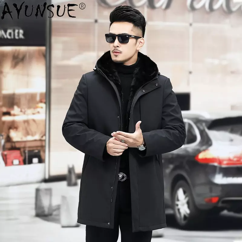 AYUNSUE Real Fur Parka Men Winter Jacket Mink Fur Liner Detachable Fur Coat 2023 Mid-length Jackets Warm Hooded Parkas Casacos