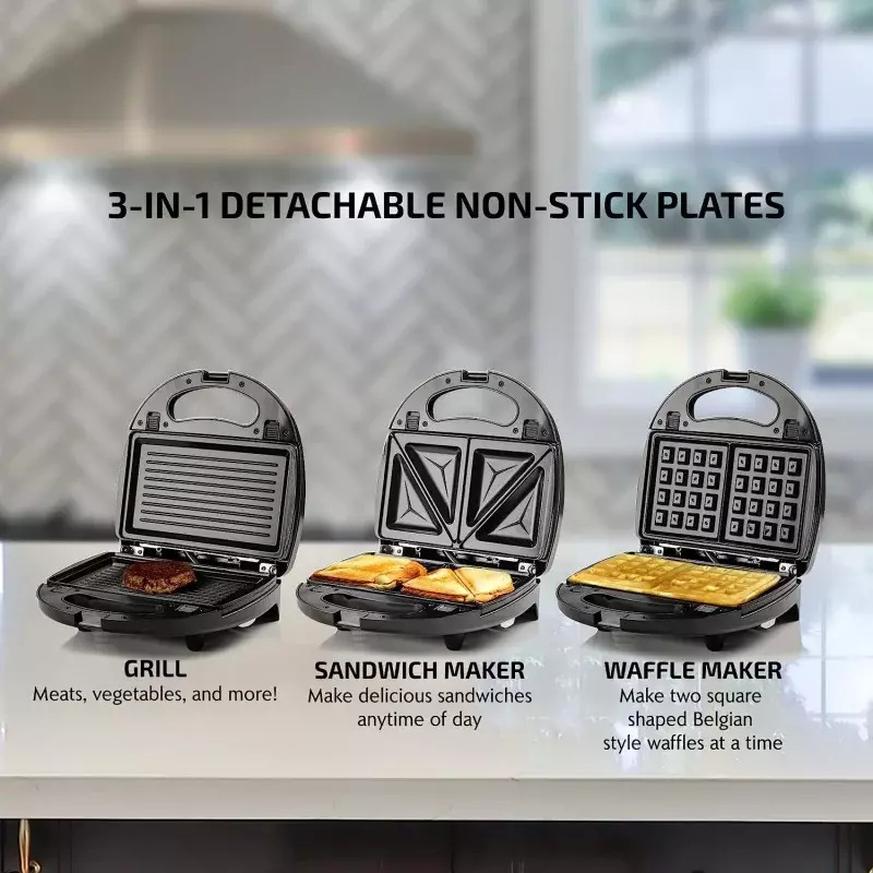 OVENT 3 in 1 Electric Sandwich Maker, Panini Press Grill, Non-Stick Plates, New- Black GPI302B