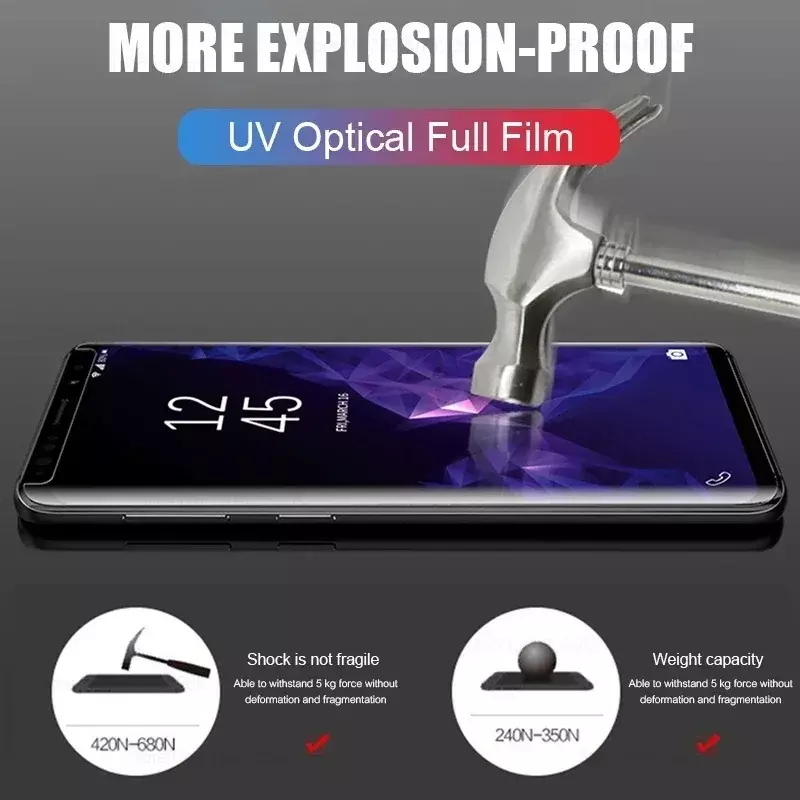 เครื่องป้องกันหน้าจอกาวเหลว UV สำหรับ Samsung Galaxy S22 S23 S24อัลตร้าโน๊ต8 9 10 20 S8 S9 S10 S20 S21บวกกระจกนิรภัย S24
