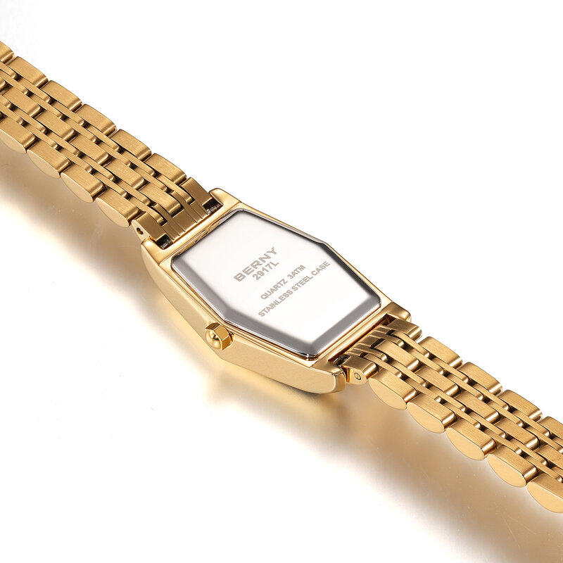 นาฬิกาแฟชั่นสีทองของผู้หญิง Berny นาฬิกาควอตซ์สำหรับผู้หญิงนาฬิกาสแตนเลสหรูหรามีความแม่นยำสูงนาฬิกากันน้ำ