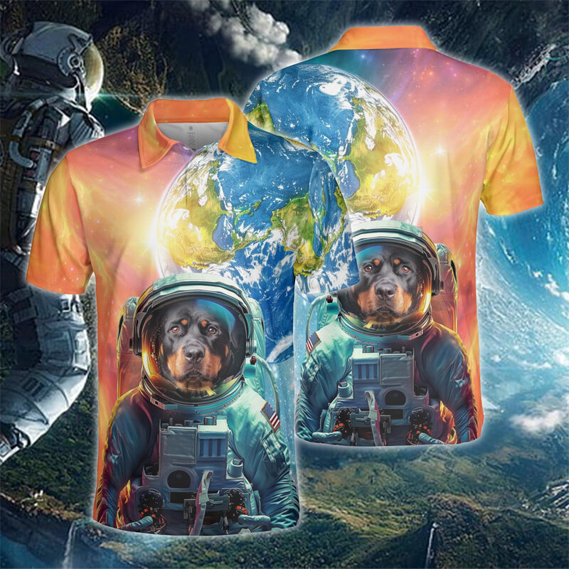 ユーモラスでファンをテーマにしたメンズ半袖ポロシャツ,ハスキーの宇宙飛行士の服,アーバンスタイル,ファッショナブルなデザイン,y2k