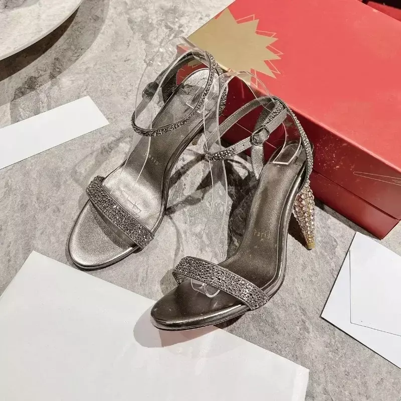حذاء نعل أحمر من الكريستال اللامع للنساء ، كعب عالي ، فاخر ، كلاسيكي ، ريترو ، مصمم ، جودة عالية ، موضة ، 10