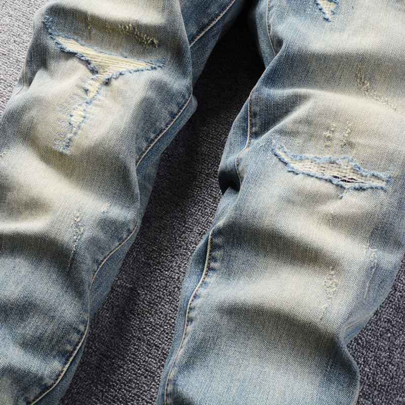 Streetwear moda uomo Jeans di alta qualità retrò lavato blu Stretch Slim Fit Jeans strappati da uomo pantaloni in Denim firmati Vintage