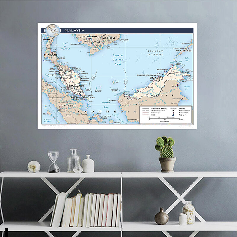225*150cm o mapa administrativo da malásia em inglês não-tecido lona pintura parede sem moldura cartaz e impressão decoração para casa