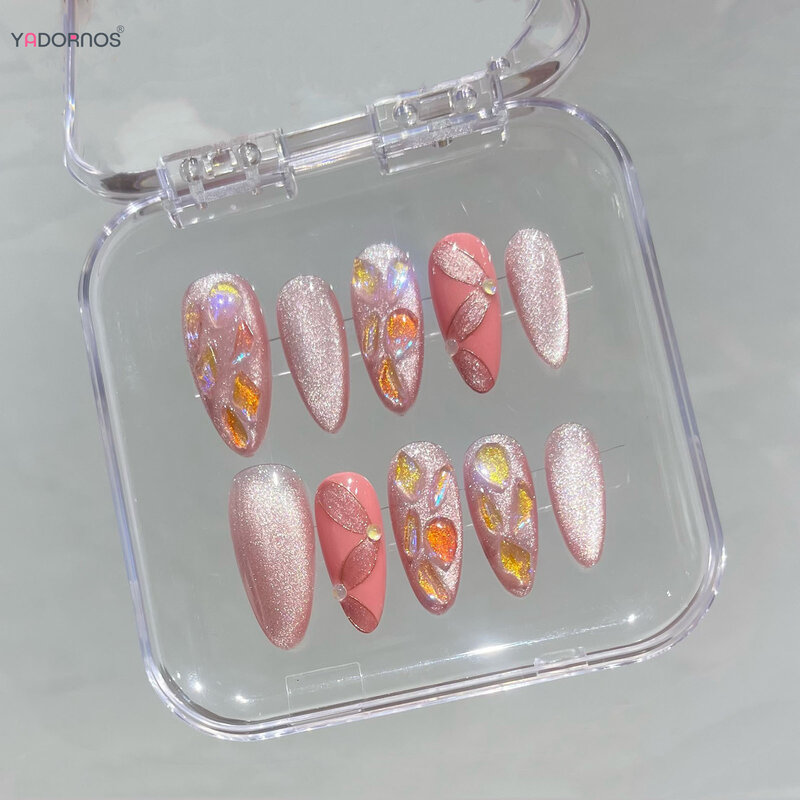 Błyszczące różowe sztuczne paznokcie ręcznie robione kocie oczy naciskają na paznokcie migdałowe sztuczne do paznokci tipsów do noszenia dla kobiet i dziewcząt do Manicure