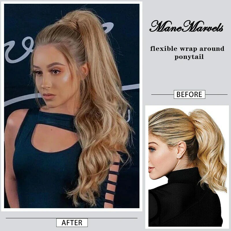 Long Wave Hair Flexible Wrap Around Ponytail 24 Inch Long Wavy Synthetic Pony Tail Hairpiece for Women Fake Pony Tail Blonde